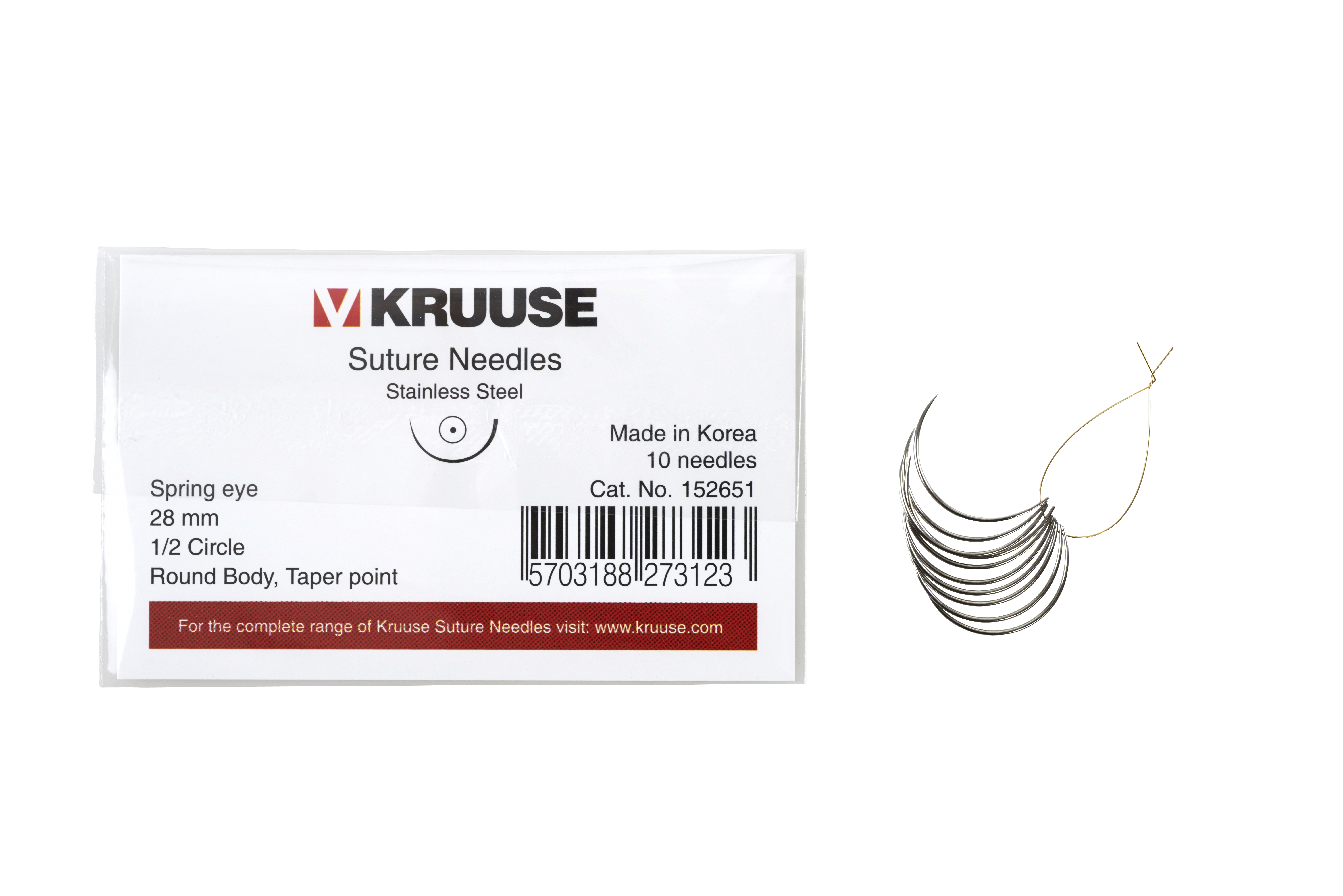 KRUUSE Suture Needle, spring eye, 1/2 circle, round body, taper point, 28 mm, 10/pk