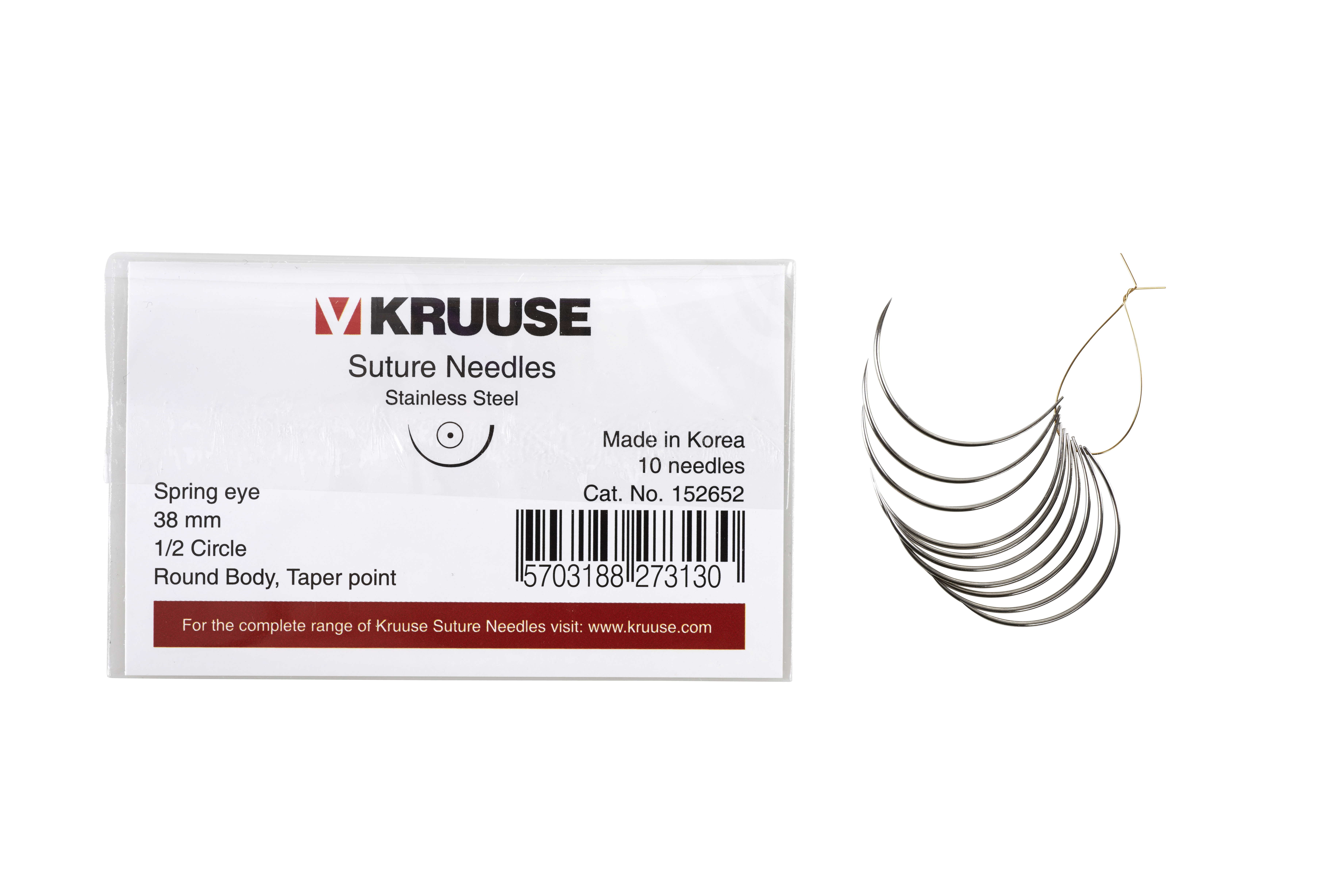 KRUUSE Suture Needle, spring eye, 1/2 circle, round body, taper point, 38 mm, 10/pk