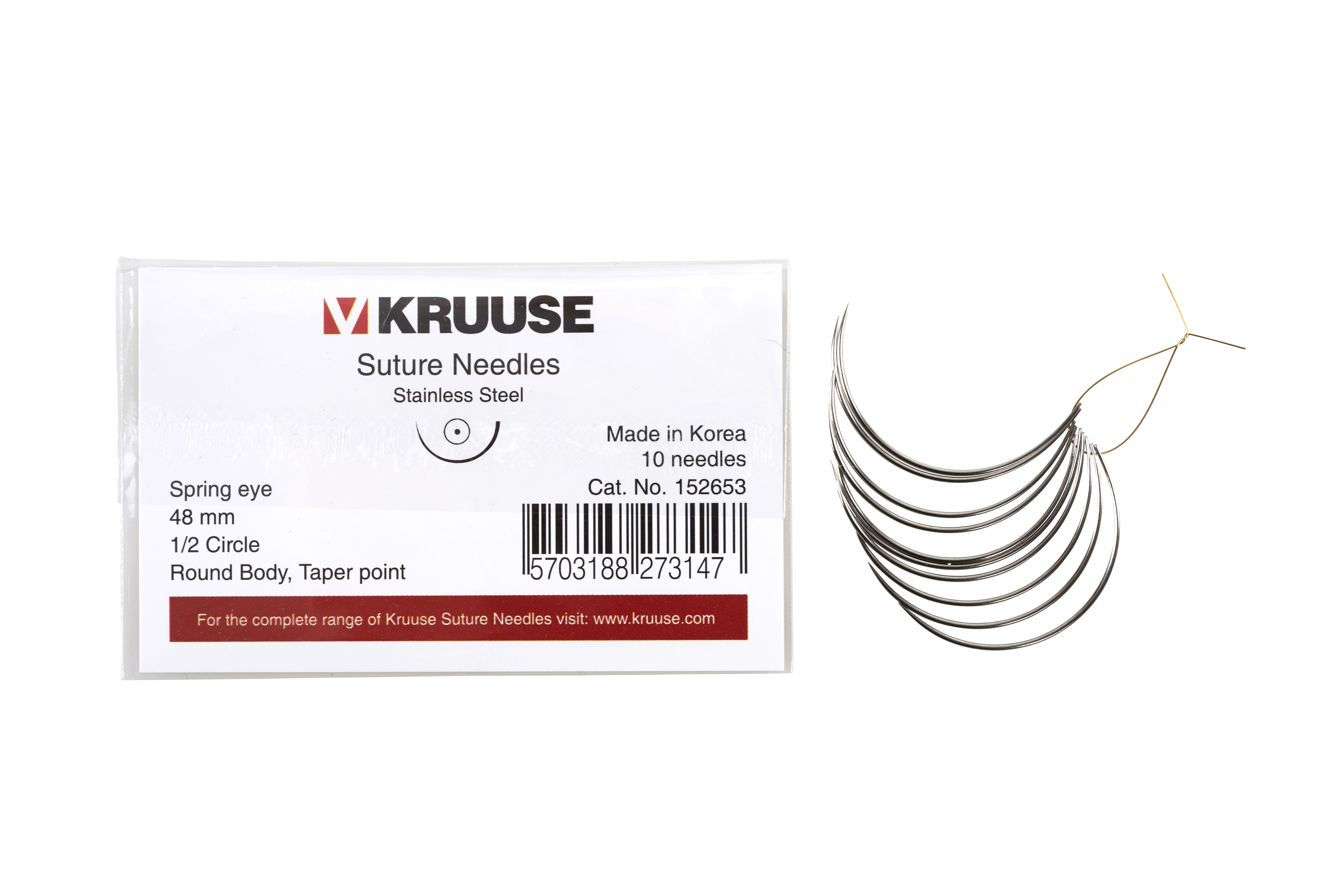 KRUUSE Suture Needle, spring eye, 1/2 circle, round body, taper point, 48 mm, 10/pk