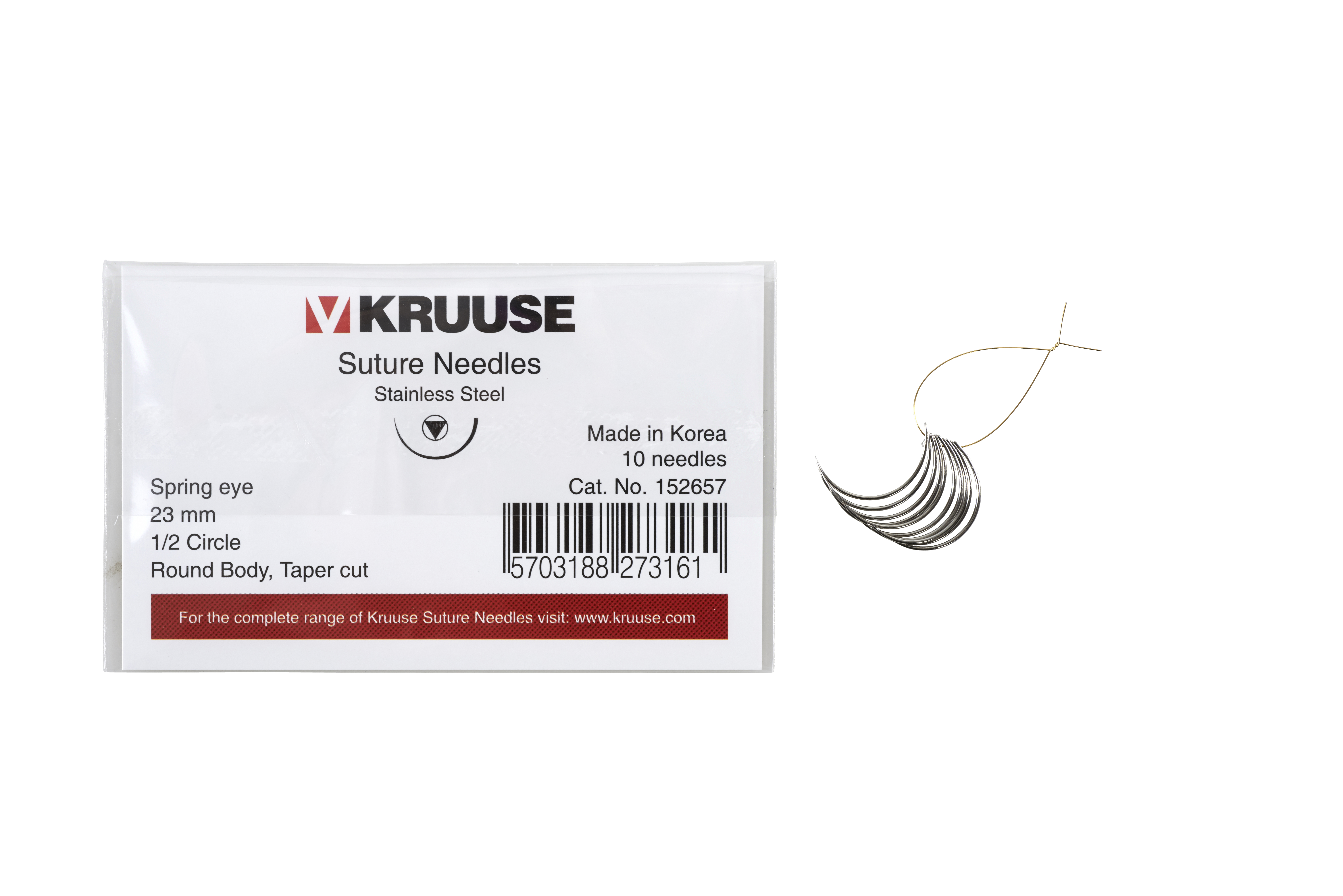 KRUUSE Suture Needle, spring eye, 1/2 circle, round body, taper-cut, 23 mm, 10/pk