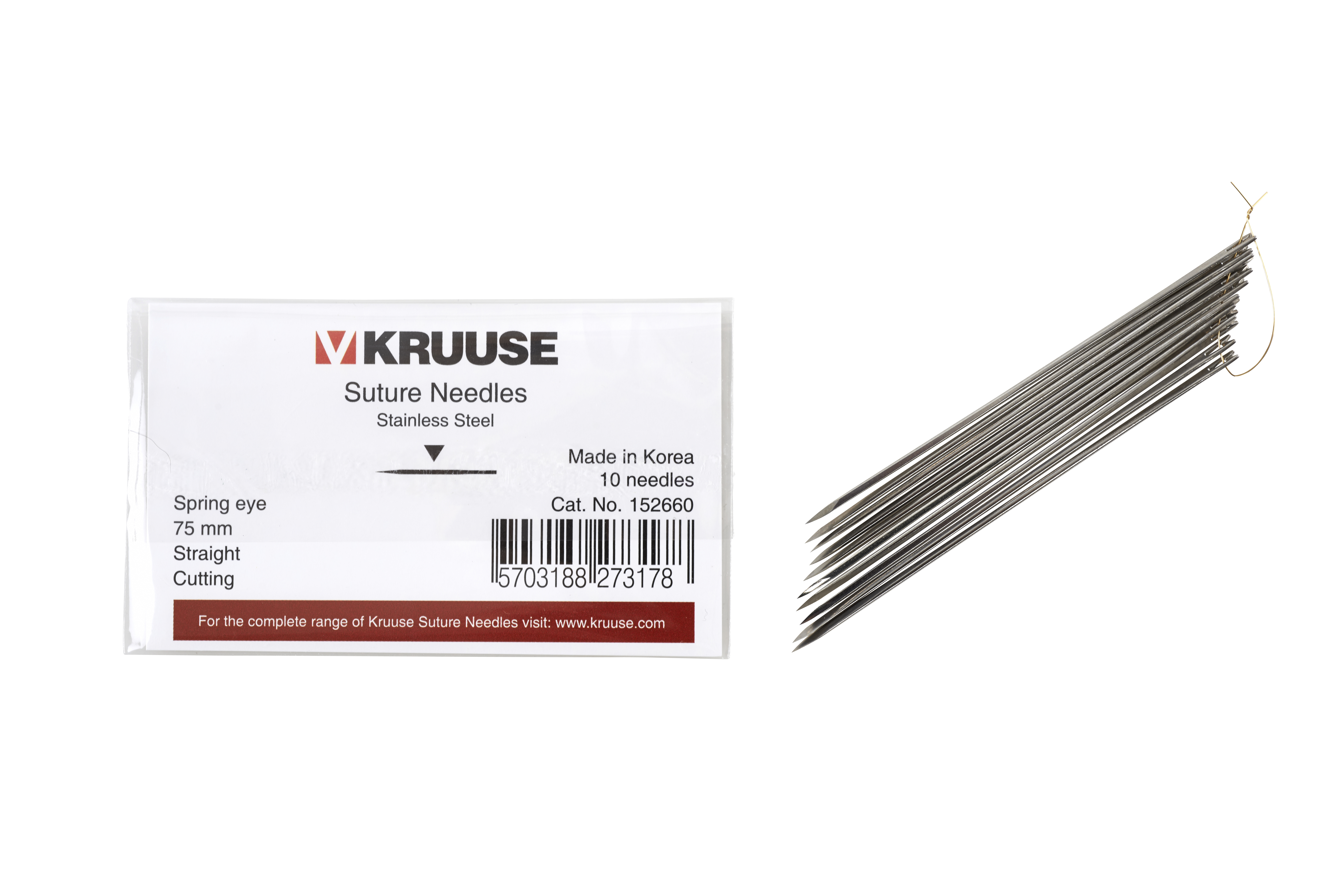 KRUUSE Suture Needle, spring eye, straight, cutting, 75 mm, 10/pk