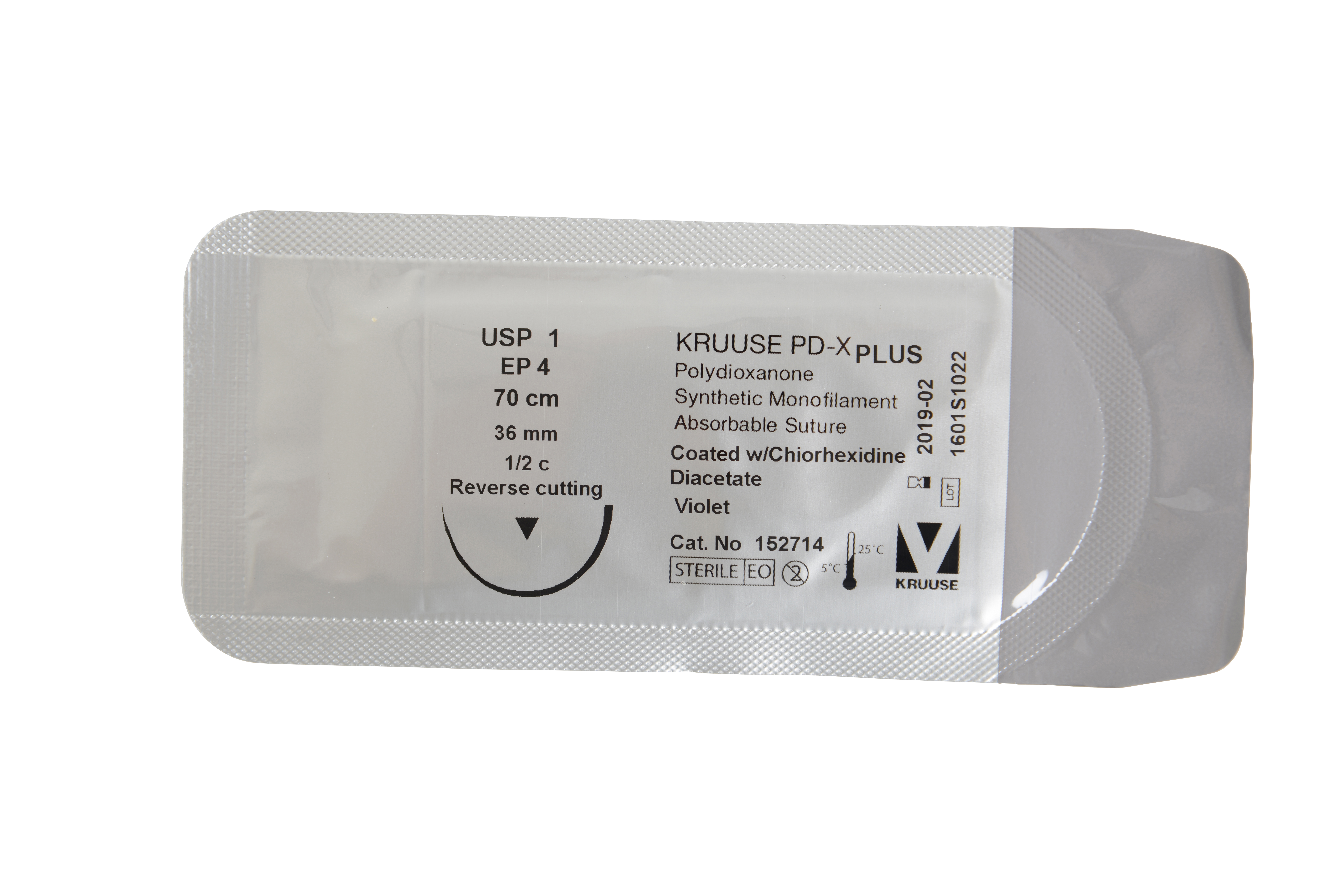 KRUUSE PD-X Plus Suture, USP 1, 70 cm, 36 mm needle, ½ C, reverse cutting, 18/pk