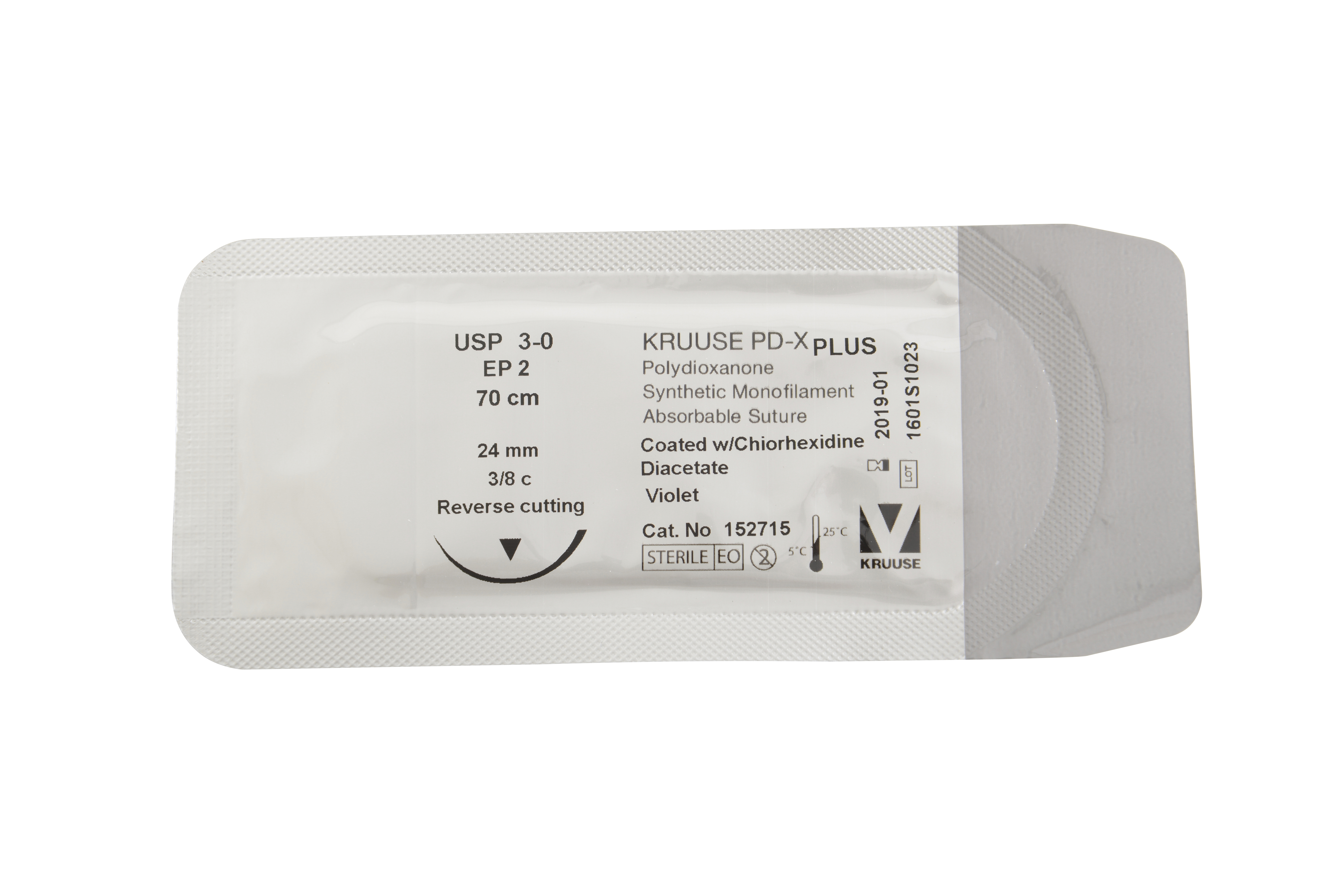 KRUUSE PD-X Plus Suture, USP 3-0, 70 cm, 24 mm needle, 3/8 C, reverse cutting, 18/pk
