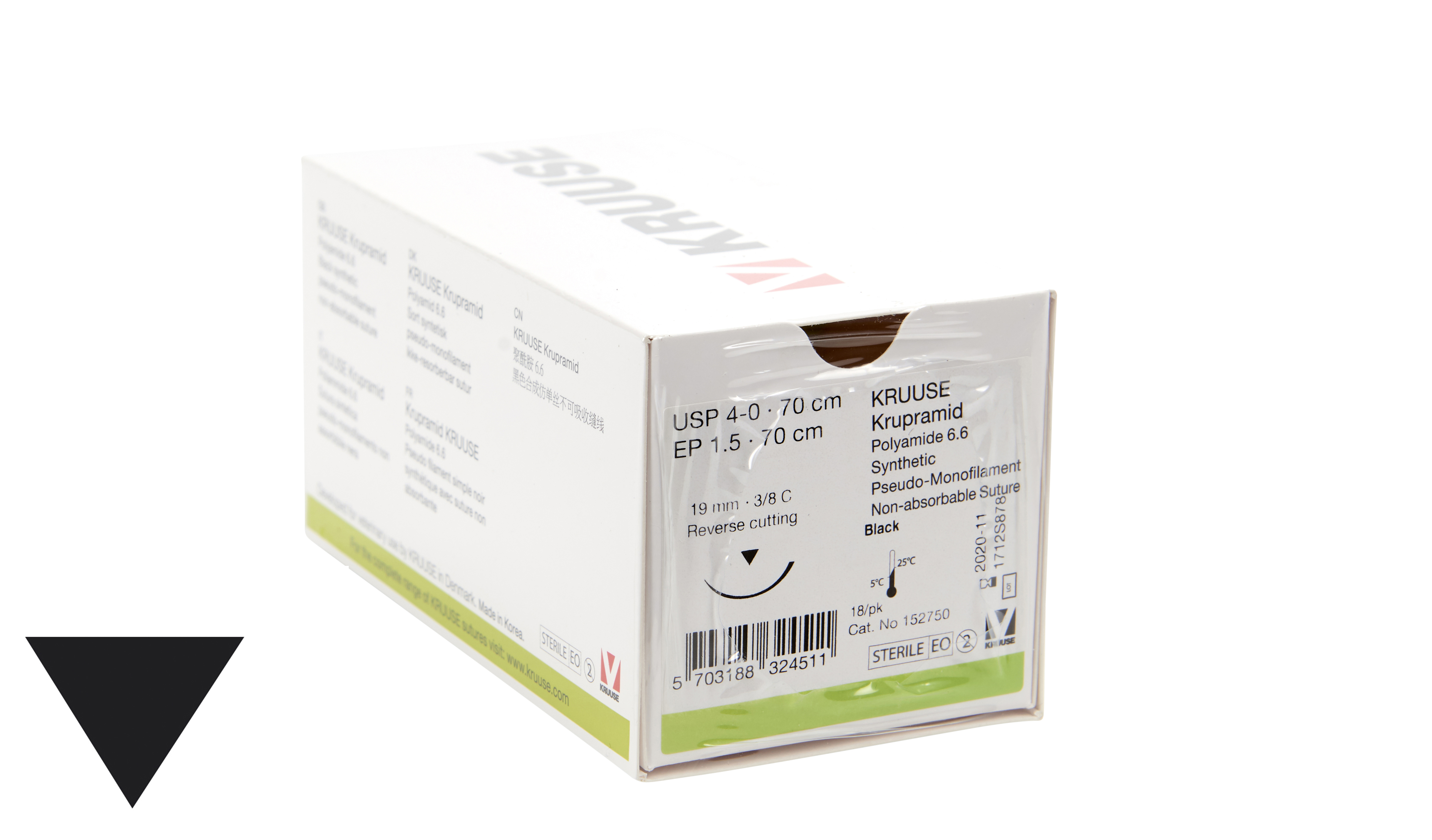 KRUUSE Krupramid Suture, USP 4-0/EP 1.5, 70 cm, black, needle: 19 mm, 3/8 C, RC, 18/pk