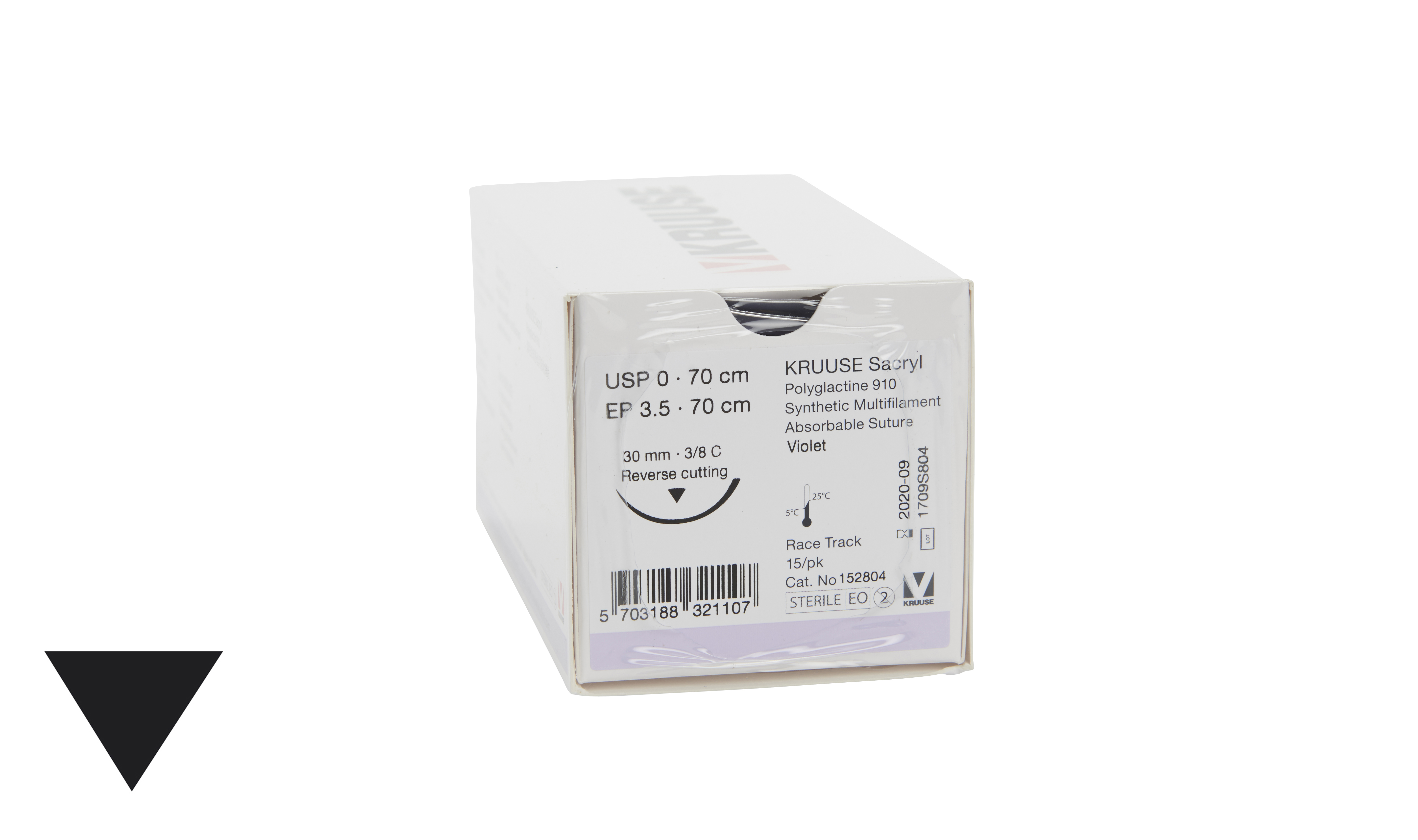 KRUUSE Sacryl Suture, USP 0, 70 cm, 30 mm needle, 3/8 C, RC, race-track, 15/pk