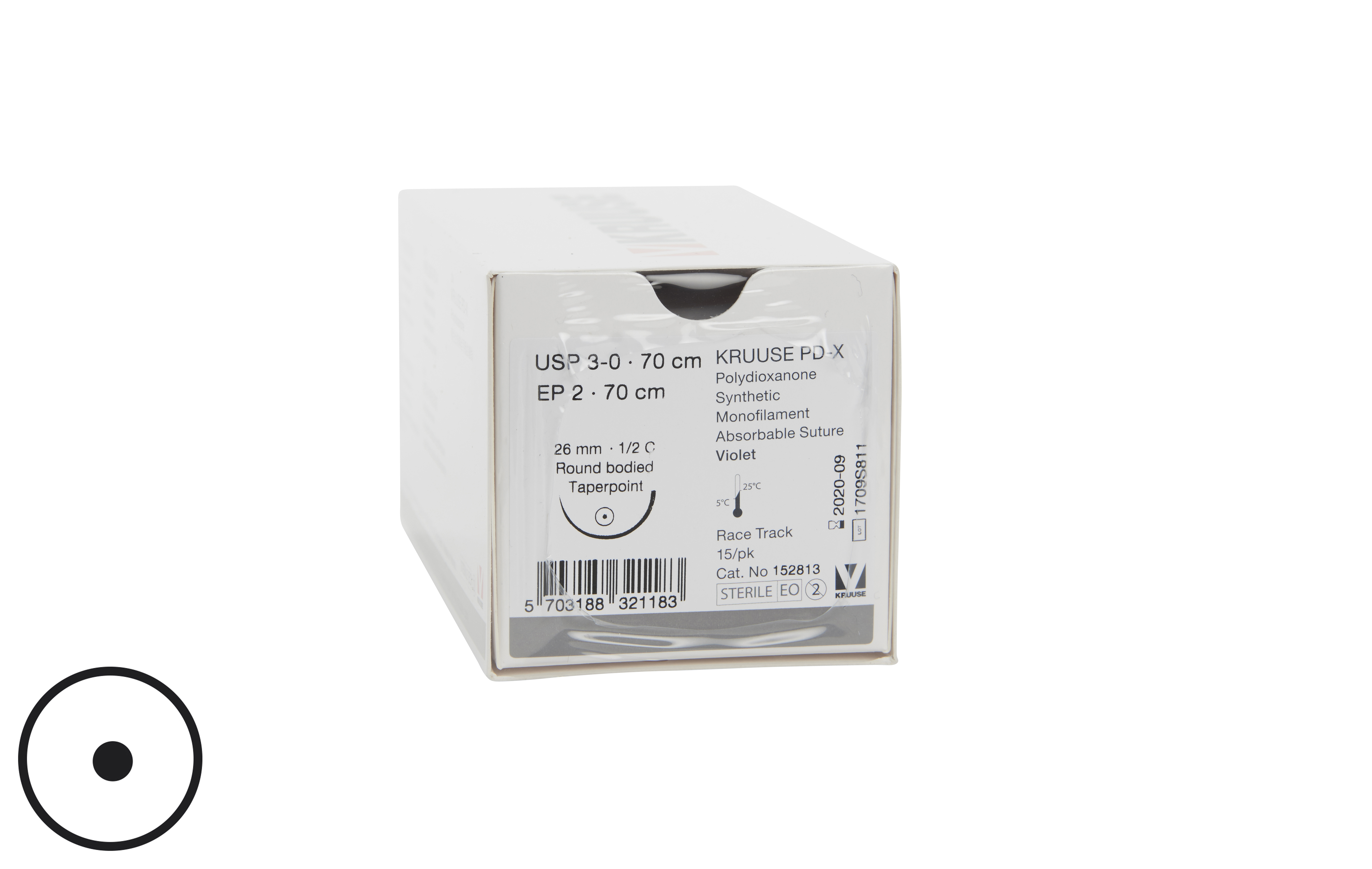 KRUUSE PD-X Suture, USP 3-0, 70 cm, 26 mm needle, ½ C, RB, race-track, 15/pk