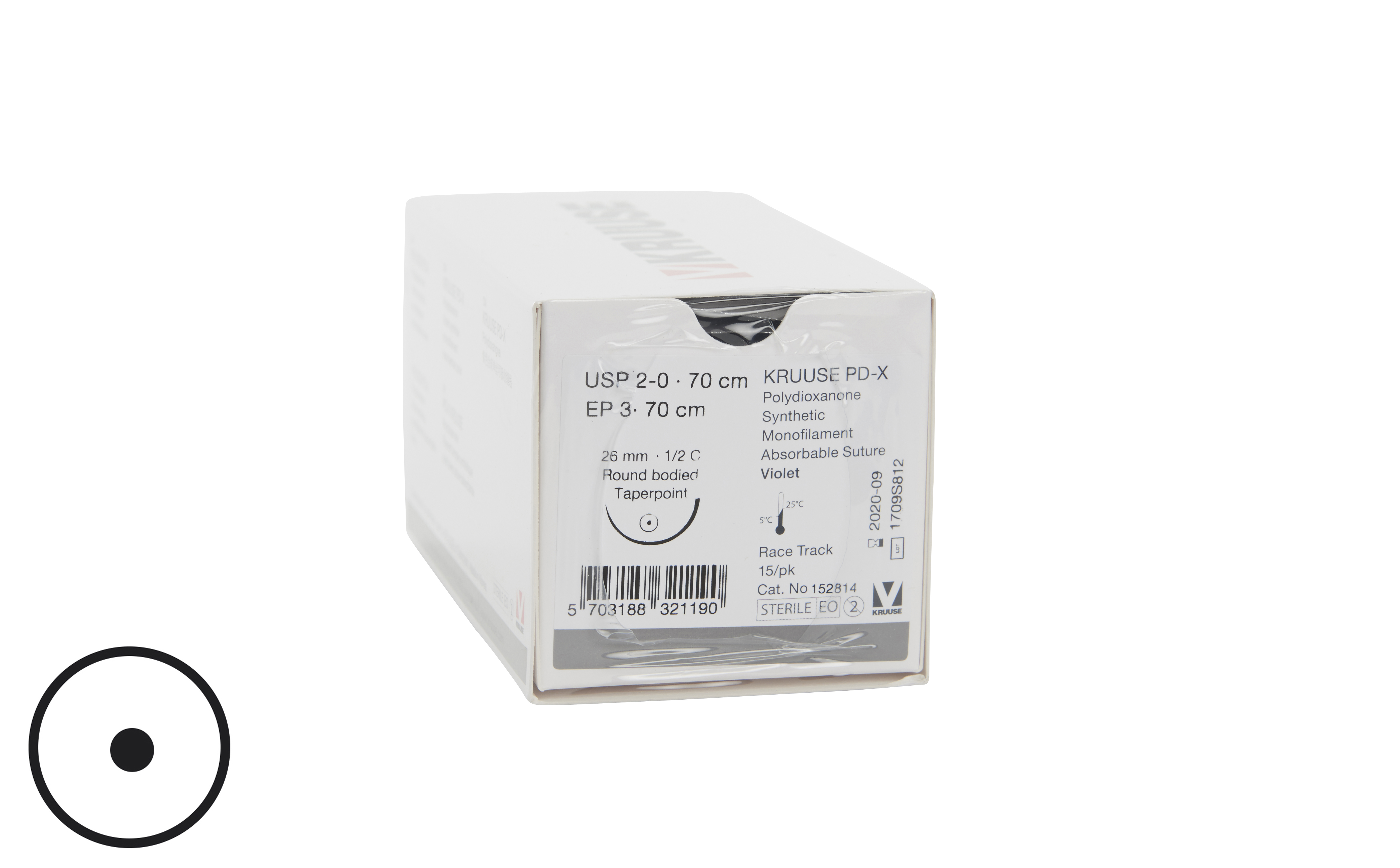 KRUUSE PD-X Suture, USP 2-0, 70 cm, 26 mm needle, ½ C, RB, race-track, 15/pk