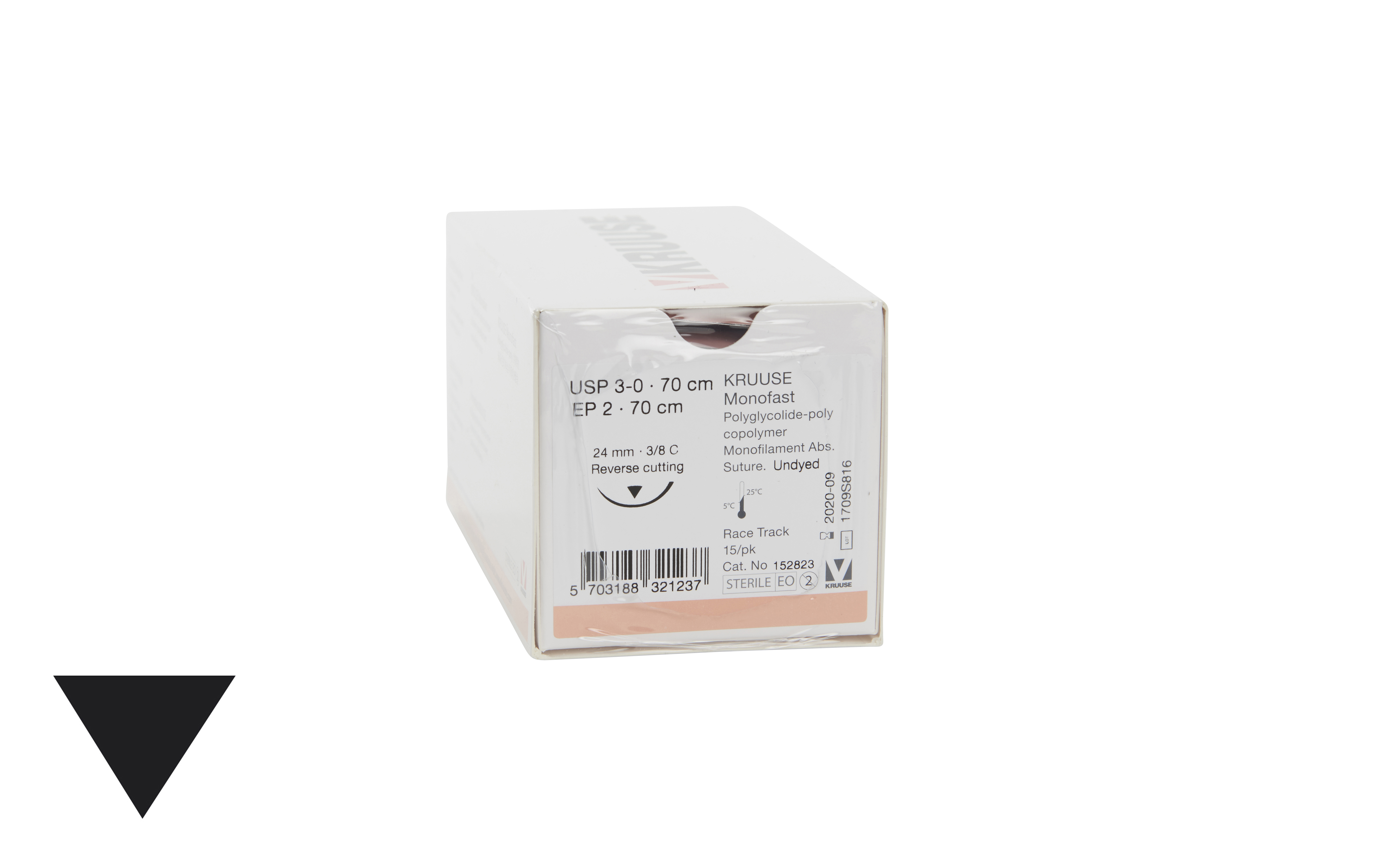 KRUUSE Monofast Suture, USP 3-0, 70 cm, 24 mm needle, 3/8 C, RC, race-track, 15/pk