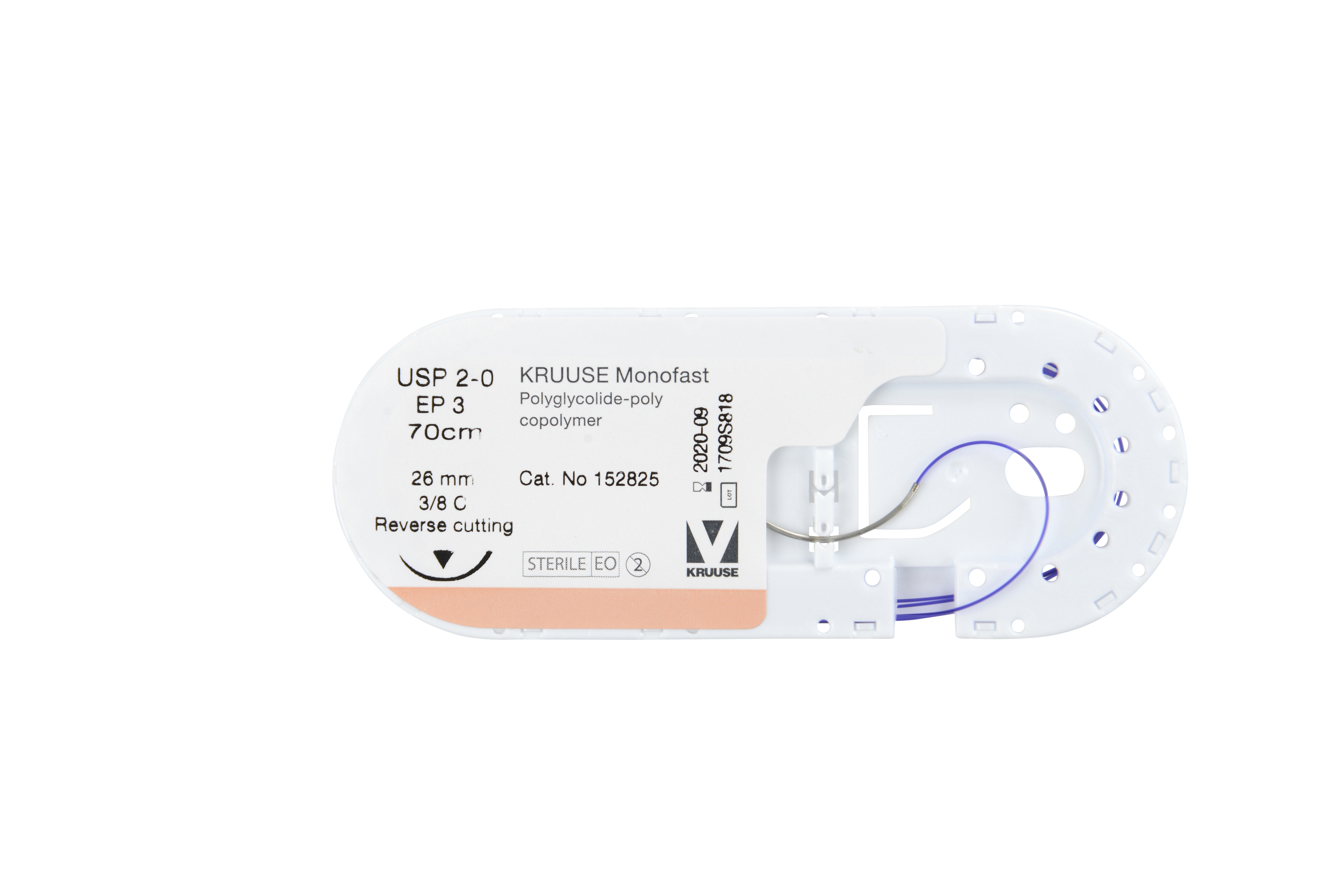 KRUUSE Monofast Suture, USP 2-0, 70 cm, 26 mm needle, 3/8 C, RC, race-track, 15/pk