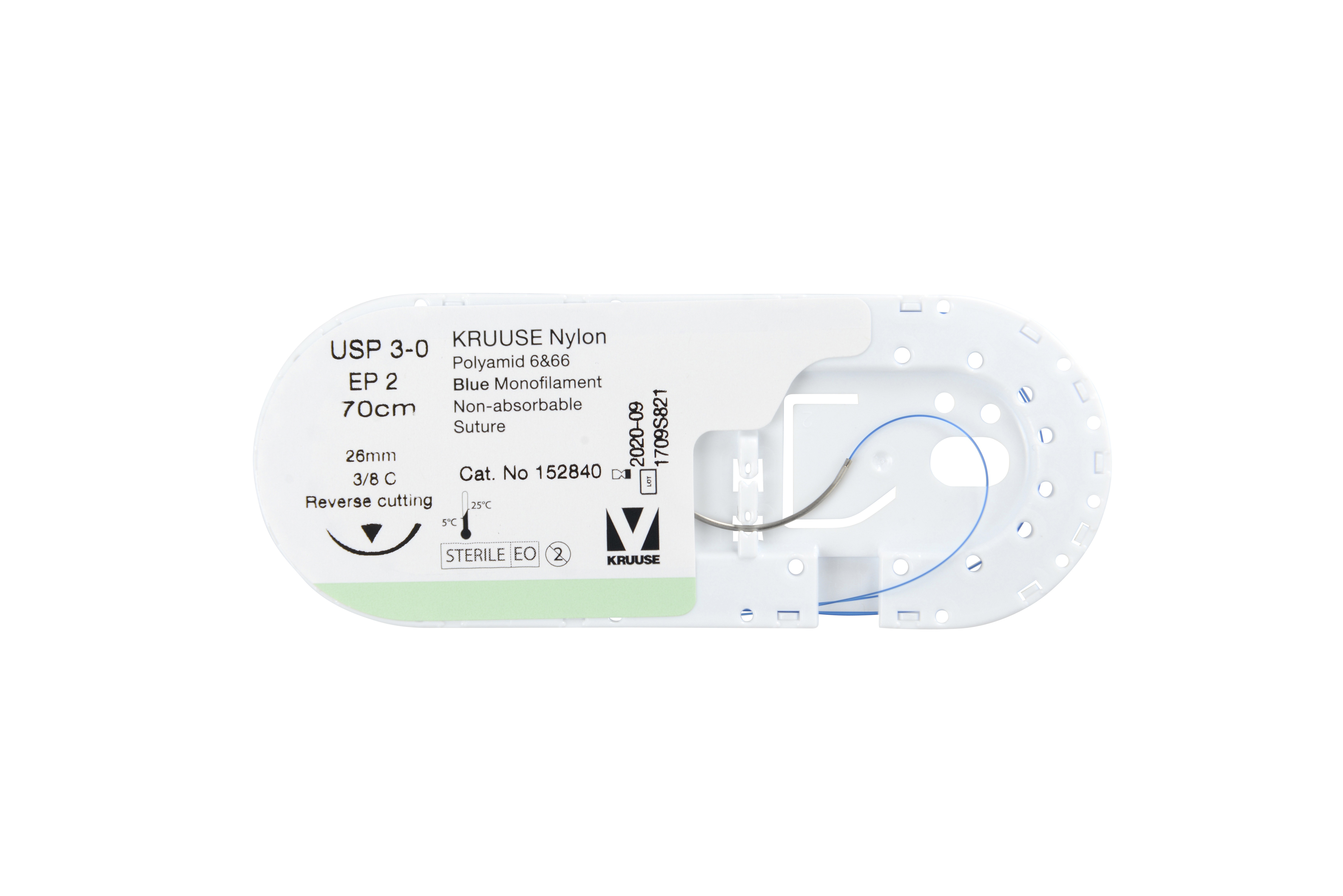 KRUUSE Nylon Suture, USP 3-0, 70 cm, 26 mm needle, 3/8 C, RC, race-track, 15/pk