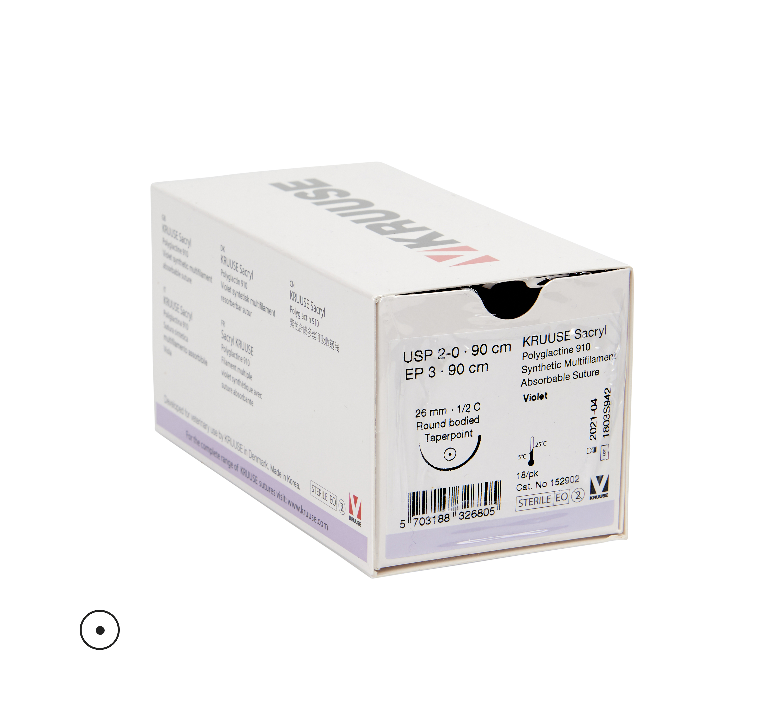 KRUUSE Sacryl Suture, USP 2-0/EP 3, 90 cm, 26 mm needle, ½ C, RB, taperpoint, 18/pk