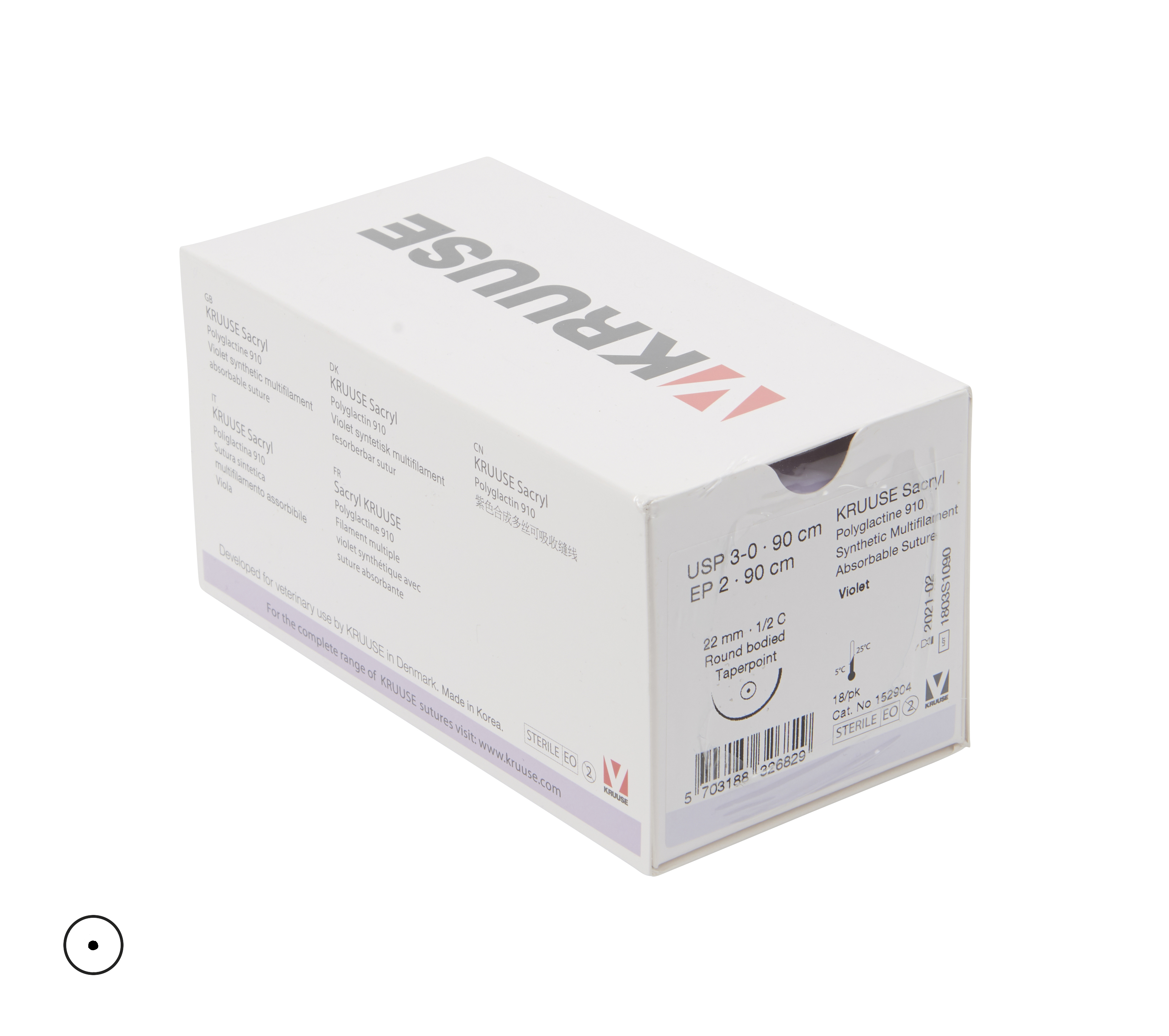 KRUUSE Sacryl Suture, USP 3-0/EP 2, 90 cm, needle 22 mm, ½ C, RB, taperpoint, 18/pk