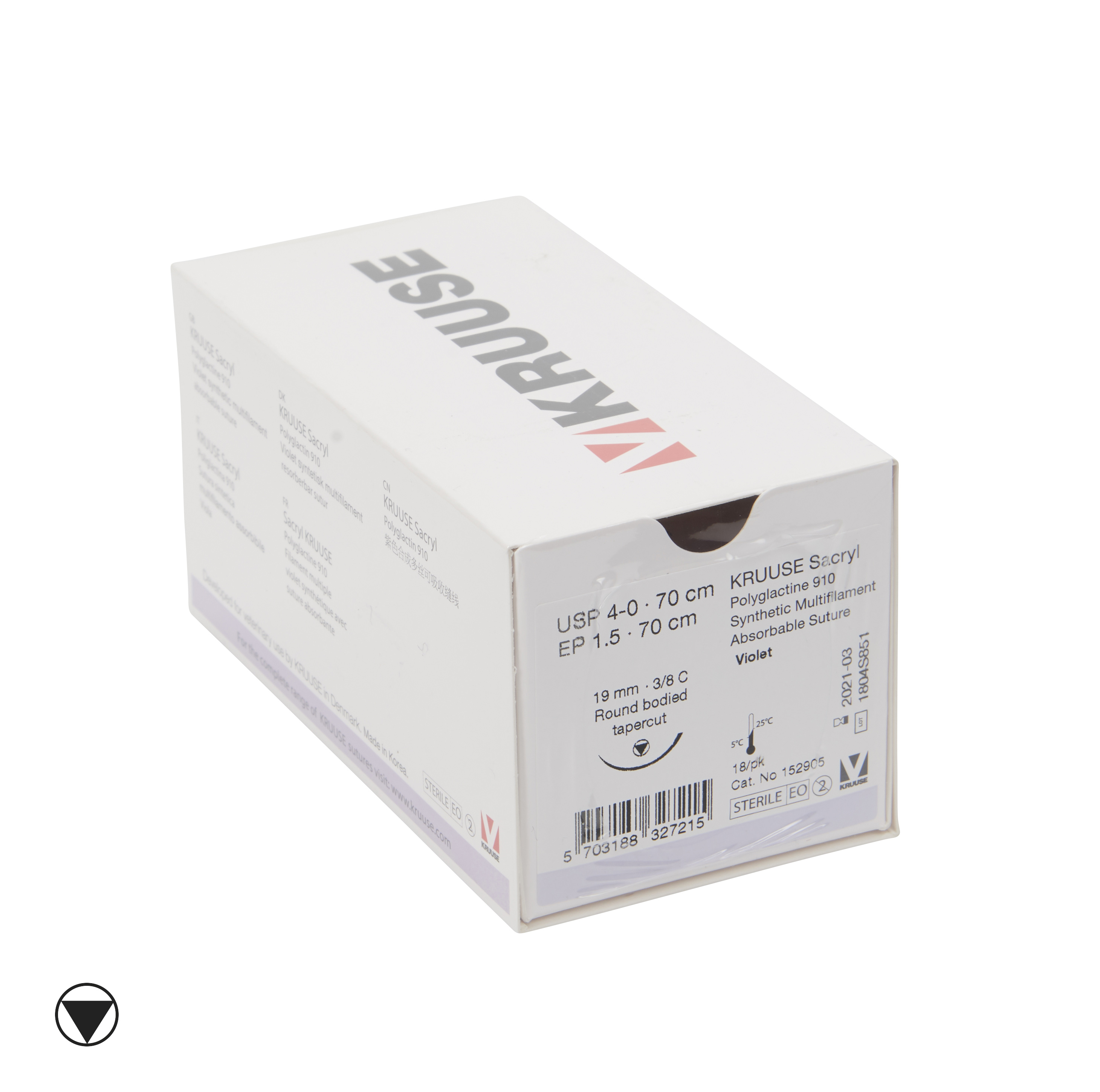 KRUUSE Sacryl Suture, USP 4-0/EP 1.5, 70 cm, violet, needle: 19 mm, 3/8 C, RB, tapercut, 18/pk