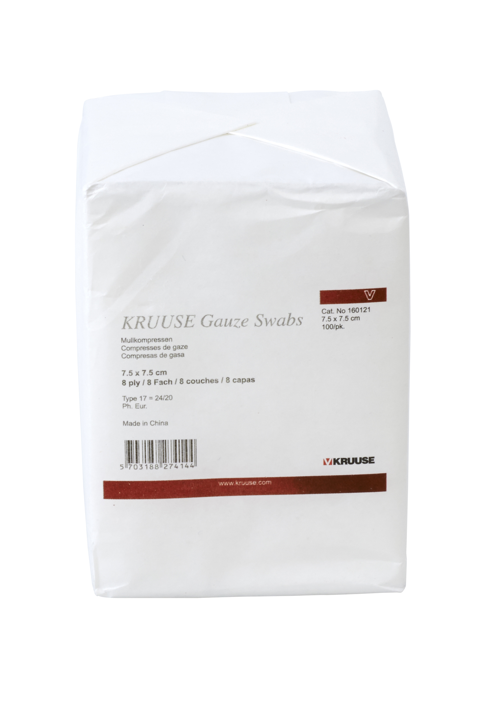 KRUUSE Non-sterile Gauze Swabs, 7,5 x 7,5 cm, 8 ply, 17 threads, 100/pk